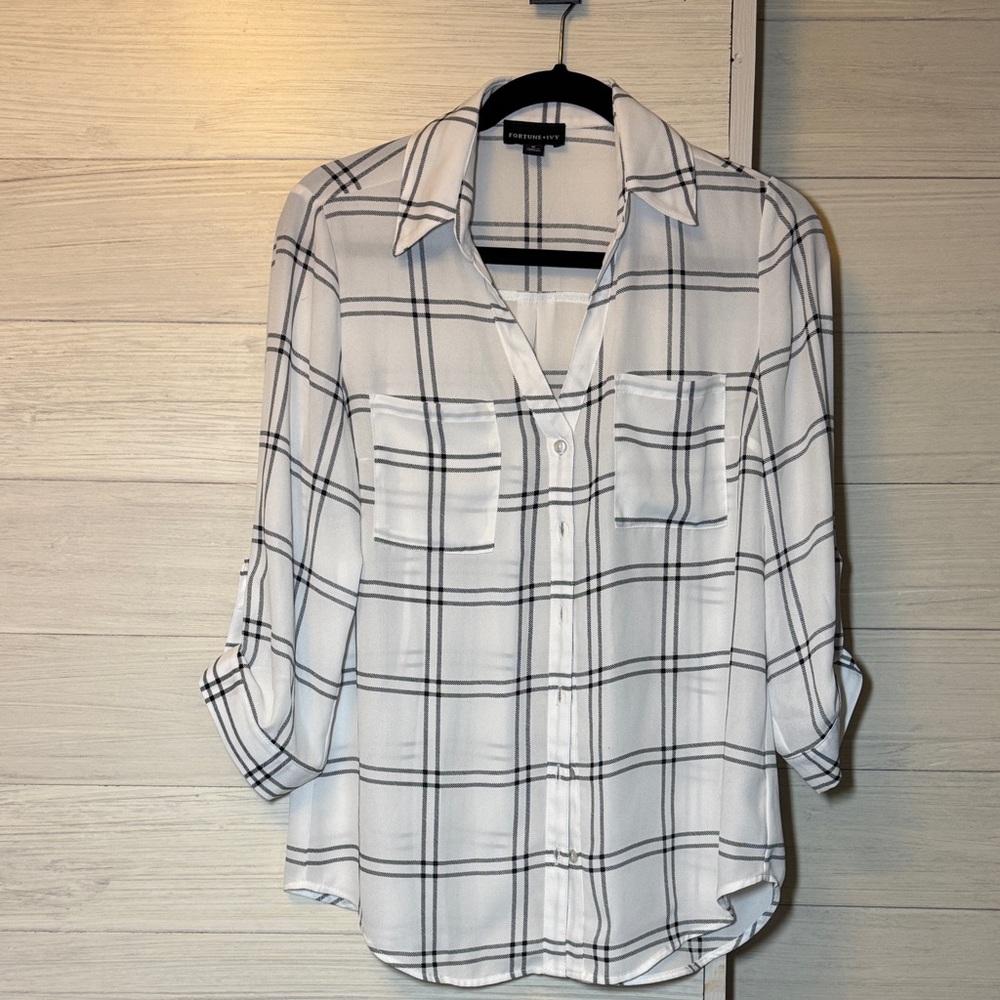 Women's White and Black Checkered Button Down Shirt